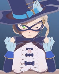 1boy 1girls ballroom_mask blonde_hair blush c_o_d_a_(artist) cuff_links cygames dragalia_lost first_person_view green_eyes hands_under_chin hat lapis_(dragalia_lost) light_skin looking_at_viewer mask nintendo one_eye_closed opera_gloves opera_mask paizuri paizuri_under_clothes pov precum smile top_hat wet wink