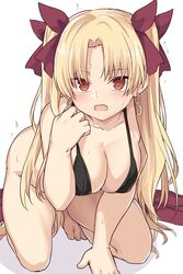 armpits arms_behind_head bikini bikini_top black_bikini black_bikini_top blonde_hair blush cape cleavage collarbone earrings ereshkigal_(fate) eyebrows_visible_through_hair fate/grand_order fate_(series) hair_ornament looking_at_viewer navel on_knees open_mouth red_cape red_eyes red_hair_ornament red_ribbon shiseki_hirame twintails white_background