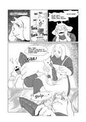 1boy 1girls annoying_dog_(undertale) aoino_broome black_and_white canine comic comic_page manga text toriel undertale white_fur zoophilia