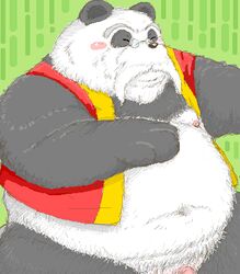 2004 anthro belly black_body black_fur black_nose blush closed_eyes digital_media_(artwork) eyewear fur genitals giant_panda glasses kemono low_res male mammal navel norataro oekaki overweight overweight_anthro overweight_male penis solo ursid white_body white_fur