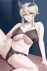 2021 areola areola_slip arm_support artoria_pendragon artoria_pendragon_(lancer_alter) aslindsamure belly big_breasts bikini bikini_bottom bikini_top blonde_hair breasts cleavage collarbone covered_nipples covered_pussy eyebrows eyelashes fate_(series) female female female_focus female_only looking_at_viewer navel patreon_url patreon_username sitting sitting_on_floor smile solo solo_female solo_focus spread_legs stomach thighs underboob v_spread_legs yellow_eyes