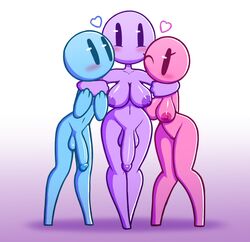 1boy 1futa 1girls 2018 balls blue_body blush breasts female friends friendship futa_with_female futa_with_male futanari hug love male naked nipples no_mouth nude nudity one_eye_closed penis pink_body purple_body pussy screwroot