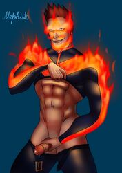 1boy abs bara blue_background blue_eyes brown_hair endeavor_(my_hero_academia) enji_todoroki erection flames gay holding_penis latex_suit male male_only masturbation mephisto mephisto(artist) muscles muscular_male my_hero_academia open_belt pants_down penis precum precum_bubble precum_drip shirt_lift stroking_cock yaoi