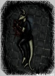 absurd_res anthro bjorn_(makaronnie) black_bottomwear black_clothing black_pants black_shirt black_topwear blood bodily_fluids border bottomwear broken_horn brown_hair closed_eyes clothing cross-hatching dark dragon eyebrows feet floor full-length_portrait gore hair hatching_(art) hi_res horn light lighting makaronnie male pants portrait reptile scalie shaded shirt signature solo spiked_tail spikes spikes_(anatomy) suicide sweat tile tile_floor topwear wet wounded yellow_body