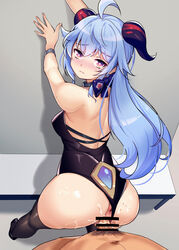 1boy absurdres against_wall ahoge alternate_costume anus ass back bangs bare_shoulders bent_over black_legwear blue_hair blush bow breasts censored choker female from_behind ganyu_(genshin_impact) gem genshin_impact goat_horns highres horns jewelry jiaoshoutongxue long_hair looking_at_viewer looking_back low_ponytail male_pubic_hair partial_male penis pubic_hair purple_eyes pussy sex sex_from_behind sideboob small_breasts standing standing_sex straight thighhighs thighs vaginal_penetration wall