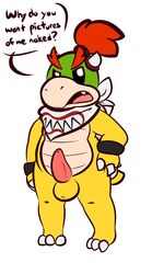 1-upclock 1boy anthro anthro_only bowser_jr. english_text erection full_body gay male male_focus male_only mario_(series) nintendo open_mouth penis showing_off simple_background solo speech_bubble standing tagme text turtle white_background yellow_skin young