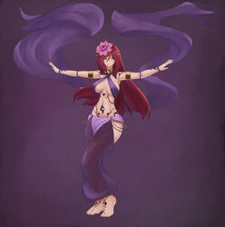 armlet belly_dancer belly_dancer_outfit bocas_top dancer dancer_outfit femsub flower_in_hair harem_girl harem_outfit harem_pants large_breasts long_hair looking_at_viewer original original_character purple_eyes red_hair req reqqles slave slave_collar slave_outfit slavegirl submissive_female tattoos veil