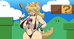 ! 1boy 1girls between_breasts blonde_hair blue_eyes bowsette bra cleavage collar crown hand_on_hip huge_breasts humanized lizard mario_(series) mastergodai miniboy muscular muscular_female new_super_mario_bros._u_deluxe nintendo panties shaze size_difference spiked_collar super_crown surprised tail voluptuous