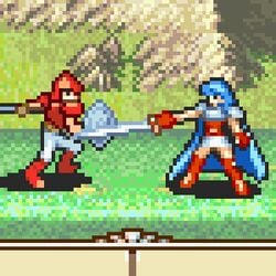 1boy 1boy1girl 1girls armor blue_hair cape edit edited eirika_(fire_emblem) female fight fire_emblem fire_emblem:_the_sacred_stones gloves high_heel_boots imminent_rape imminent_sex lance male military miniskirt nintendo outdoors pixel_art princess raravista royalty soldier sword thighhighs