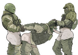 3boys anal ass bara bent_over clothed_sex clothing erection fuze_(rainbow_six) gay gay_sex helmet kapkan_(rainbow_six) male_only male_penetrated mask military pants_down penis rainbow_six rainbow_six_siege saury sex soldier spitroast tachanka_(rainbow_six) tactical_gear taken_from_behind threesome tom_clancy uniform white_background