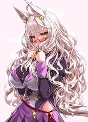 animal_ears asanagi big_breasts biwa_hayahide_(umamusume) blush character_request covering_face curvy glasses huge_breasts kemonomimi long_hair looking_at_viewer shy uniform white_hair yellow_eyes