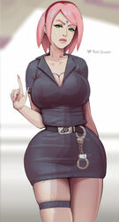 1girls belt beltskirt breast_squeeze breasts clavicle cleavage collarbone disinterested emotionless expressionless female female_only fully_clothed green_eyes hairband handcuffs hips lips lipstick looking_at_viewer mature_female milf nail_polish nails naruto naruto_(series) naruto_shippuden pencil_skirt phat_smash pink_hair police_uniform sakura_haruno short_hair solo solo_female solo_focus thick_lips thick_thighs thigh_strap thighs tight_clothing tight_skirt toned toned_body toned_female wide_hips