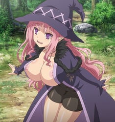 areolae bike_shorts cleavage elf_ears fur_trim half_demon hate huge_breasts jacket jewelry long_hair nature necklace nipples ochi_mono_rpg_seikishi_luvilias open_clothes open_mouth outdoors pink_hair pointy_ears purple_eyes rifria_(ochi_mono_rpg_seikishi_luvilias) screencap solo witch witch_hat