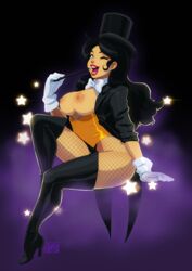 1girls big_breasts breasts breasts_out dc dc_comics female fishnets highres long_hair magician magician_hat nipples pinup red_lipstick thick tovio_rogers zatanna