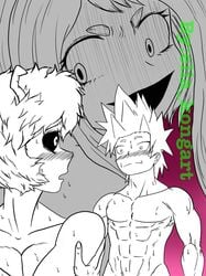 1boy 1boy1girl 1girls 2girls abs black_sclera blush covering_breasts eijirou_kirishima female horns kirimina male male/female mina_ashido muscular muscular_male my_hero_academia nude nude_female nude_male ochako_uraraka short_hair spiky_hair straight sweat