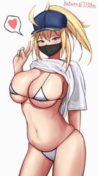 arm_behind_back artoria_pendragon belly bikini bikini_bottom bikini_top black_mask blonde_hair breasts fate/grand_order fate_(series) female female_focus female_only hat heart katsuragi710ka long_shit mask mouth_mask mysterious_heroine_xx_(foreigner) navel peace_sign ponytail simple_background solo solo_female solo_focus stomach t-shirt v_sign white_background white_t-shirt