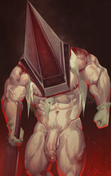 1boy abs backlighting bara big_penis erection gloves helmet laon8130 male male_only muscular penis pose pubic_hair pyramid_head silent_hill silent_hill_2 solo standing sword uncensored