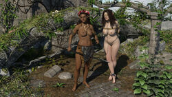 2girls 3d anklet blindfold brown_hair chain_leash chained dark-skinned_female elf elf_ears femsub flower_crown loincloth masterfarsight necklace original original_characters pointy_ears slave submissive_female tied_up