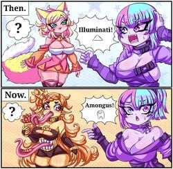 2021 2koma 3girls :3 :o ? amogus animal_ear_fluff animal_ears annoyed ass bare_shoulders before_and_after bell bell_collar big_ass blonde_hair blue_eyes blue_hair blush body_horror bow bracelet breasts brown_clothing cameltoe center_opening choker cleavage cleavage_cutout clothed clothing collar comic confused curly_hair dialogue dress earrings eating elbow_gloves english_text eyebrows_visible_through_hair eyes_visible_through_hair fangs female female_only fingerless_gloves fioxa_wolfia fluffy fluffy_tail food fox_ears fox_girl fox_tail funny fur green_eyes hand_on_head heart_earrings heterochromia highres holding_object humor illuminati izfan_art jewelry jingle_bell kimono large_breasts lock long_hair long_sleeves long_tail long_tongue looking_at_another meme mimic mimicu_licky monster_girl multicolored_hair multiple_girls orange_hair original padlock pink_eyes pink_hair pointing pointy_ears ponytail purple_clothing purple_gloves red_eyes screaming sharp_teeth short_dress short_hair short_ponytail short_shorts shorts side_ponytail specific_tagging speech_bubble standing stomach_mouth strap_slip surprised sweat tag_panic tail teeth text thick_thighs thighhighs thighs tied_hair tight_clothing tongue tongue_out triangle tubetop two_tone_hair vampire very_long_hair very_long_tongue viliana_roseheart white_border yellow_skin zettai_ryouiki