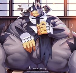 5_fingers anthro balls bara dsharp_k fingers genitals grey_body legendary_pokémon male male_only muscular muscular_anthro muscular_male nintendo penis pokémon_(species) pokemon single_strike_style_urshifu sitting solo text url urshifu video_games