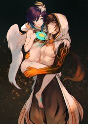 2boys angel_wings blue_eyes blue_hair cmnm femboy flower flower_in_hair gay genshin_impact glowing_markings holding holding_ass hood long_hair male male/male male_only orange_eyes orange_hair shirtless targso tattoo trap venti_(genshin_impact) wings yaoi zhongli_(genshin_impact)