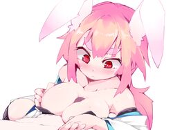 1boy :< animal_ears blush breasts bunny_ears cleavage collarbone detached_sleeves female highres japanese_clothes long_hair looking_down ls-lrtha original paizuri penis pink_hair rabbit_girl red_eyes simple_background solo_focus straight sweat thick_eyebrows white_background