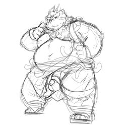 2021 96panda anthro balls belly blush bodily_fluids flaccid genitals hi_res humanoid_hands kemono lifewonders male male_only moobs navel nipples overweight overweight_male penis simple_background sketch small_penis solo sweat tentacle tokyo_afterschool_summoners tsathoggua video_games white_background