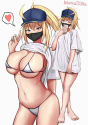 arm_behind_back artoria_pendragon belly bikini bikini_bottom bikini_top black_mask blonde_hair blue_eyes blue_hat breasts face_mask fate/grand_order fate_(series) feet female female_focus female_only hat heart katsuragi710ka long_shirt mask medical_mask mouth_mask multiple_images mysterious_heroine_xx_(foreigner) navel no_shoes peace_sign ponytail selfie shirt_lift simple_background solo solo_female solo_focus stomach t-shirt v_sign white_background white_t-shirt