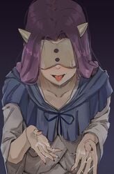 after_handjob blindfold blue_capelet blue_neckwear blue_ribbon capelet cum cum_on_hands facing_viewer female fingernails highres horns leaning_forward long_hair looking_at_viewer mujika neck_ribbon noccu purple_hair ribbon robe sharp_fingernails smile solo the_promised_neverland tongue tongue_out