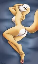 1girls 4_toes absurd_res aggressive_retsuko anthro ass bedding blanket blonde_hair blush breasts butt_heart canid canine canis digital_media_(artwork) domestic_dog english_text feet female fur hair hi_res hunting_dog inui_(aggressive_retsuko) looking_at_viewer mammal netflix nude pawpads paws pink_pawpads plantigrade pose ravirr94 sanrio shaded sighthound signature simple_background smile smooth_fur soles solo toes white_body white_fur yellow_body yellow_eyes yellow_fur