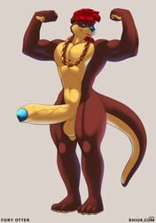 absurd_res anthro balls biceps big_penis blue_glans ear_piercing erection facial_hair flexing foreskin fory genitals glans goatee hair hi_res huge_cock humanoid_genitalia humanoid_penis hyper hyper_genitalia hyper_penis lutrine male male_only mammal muscular muscular_anthro muscular_male mustelid penis piercing red_hair shiuk solo standing text uncut url