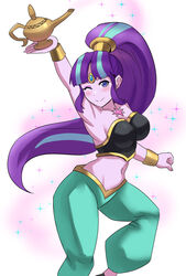 1girls armpits belly_dancer belly_dancer_outfit dancer dancer_outfit equestria_girls female female_only friendship_is_magic genie harem_outfit harem_pants humanized iojknmiojknm long_hair multicolored_hair my_little_pony ponytail purple_hair starlight_glimmer teal_hair wink