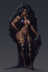 1girls abs akira_raikou amber_eyes big_breasts black_hair cape curvy dark-skinned_female dark_skin female jewelry long_hair navel original_character standing tattoo thick_thighs thighhighs vallone_blackwind