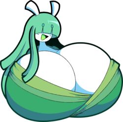 anthro celesteela cleavage dewbber female furry game_freak green_clothing green_hair green_tongue hair_over_eyes huge_breasts long_hair nintendo pokémon_(species) pokemon pokemon_sm shinyillusionz smile solo tongue ultra_beast white_skin