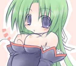 07th_expansion angel_mort_uniform anime_style breasts clothing female female_only green_hair higurashi_no_naku_koro_ni huge_eyes nipples pale_skin shion_sonozaki solo tagme