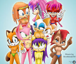 2009 2d ammon amy_rose anthro archie_comics bat blue_background breasts chipmunk cream_the_rabbit echidna female female_only fur furry furry_only gesture hand_on_hip hedgehog interspecies julie-su lara-su mammal marine_the_raccoon mina_mongoose mobian mobian_(species) mobian_echidna mongoose monotreme multiple_girls rabbit raccoon rodent rouge_the_bat sally_acorn sega simple_background sonic_(series) sonic_adventure sonic_the_hedgehog_(series) sonikdude750 tikal_the_echidna topless v viverrid