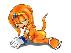 2005 2d all_fours anthro echidna female female_only full_body huge_eyes mobian mobian_(species) mobian_echidna mostly_nude sandals sega side_view solo sonic_(series) sonic_adventure sonic_the_hedgehog_(series) syberfox tagme tiara tikal_the_echidna tongue tongue_out toony white_gloves