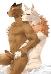 blush canine cougar diulf furry handjob humanoid_penis male multiple_males nude penis reach_around sitting suikoden suikoden_tierkreis uncut yaoi