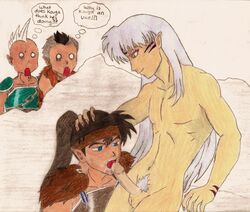 4boys artist_request balls color colored cum english_text gay ginta_(inuyasha) hakkaku inuyasha koga male male/male male_only multiple_boys multiple_males naked nude nude_male nudity oral oral_sex penis sesshoumaru sex testicles thought_bubble uncensored yaoi