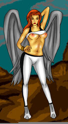 1girls areola artist_request breasts dc dcau earrings female female_only hawkgirl justice_league navel nipples red_hair shayera_hol solo tagme wings