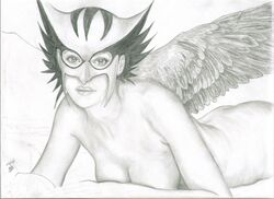 1girls 2007 artist_request breasts dc detailed female female_only hawkgirl kendra_saunders looking_at_viewer lying mask monochrome on_front realistic solo tagme wings