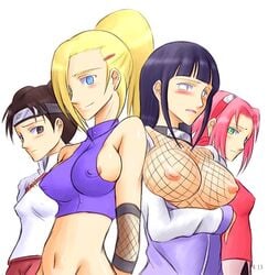 4girls artist_request bb big_breasts blush bonnie_(rsg) breasts female female_only fishnets hair_over_one_eyes human hyuuga_hinata ino_yamanaka multiple_females multiple_girls naruto naruto_shippuden nipples sakura_haruno smile tenten