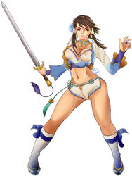 artist_request breasts brown_hair cameltoe chai_xianghua crop_top erect_nipples hips midriff muscle nipples see-through shorts soul_calibur sword tied_hair twintails weapon wide_hips