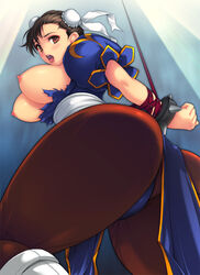 ass bondage bracelet breasts brown_eyes brown_hair china_dress chinese_clothes chun-li clothes eyeshadow female female_only framed_breasts from_below human jewelry makeup nipples open_mouth pantyhose solo spiked_bracelet spikes straight_hair street_fighter thighs tongue torn_clothes upskirt yoko_jyusuke