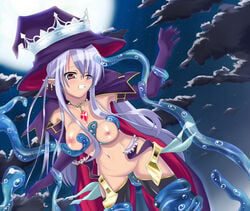 blue_hair blush breasts clenched_teeth earrings fatima highres long_hair luminous_arc luminous_arc_2 medium_breasts monster nipples one_eye_closed rape restrained restrained_by_tentacles stockings tentacle tentacle_in_pussy tentacles_around_arms tentacles_around_breasts tentacles_around_legs witch witch_hat