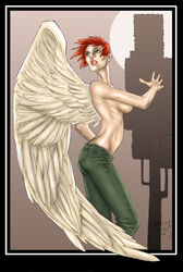 1girls 2004 casey_jones_(artist) dc female female_only hawkgirl kendra_saunders red_hair short_hair sideboob solo tagme topless wings