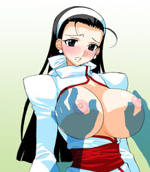 1girls big_breasts black_hair blush breast_grab breasts chizuru_kagura cleavage earrings ebimayo female hairband huge_breasts jewelry king_of_fighters long_hair nipples penis snk solo_focus