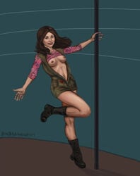 1girls bigbadwolf breasts breasts_out brown_hair female firefly_(series) jewel_staite kaylee_frye long_hair nipples pole pole_dancing serenity smile solo stripper_pole