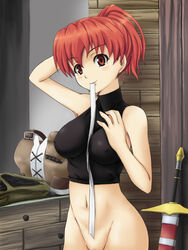 blush breasts cecily_cambell crop_top erect_nipples impossible_shirt mameshiba mameshiba_(artist) mound_of_venus mouth_hold navel no_panties ponytail red_eyes red_hair ribbon seiken_no_blacksmith sword tied_hair turtleneck uncensored weapon