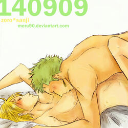 2boys blonde_hair blush gay green_hair human kissing male male_only meru90 multiple_boys multiple_males nude one_piece roronoa_zoro straight_hair vinsmoke_sanji yaoi